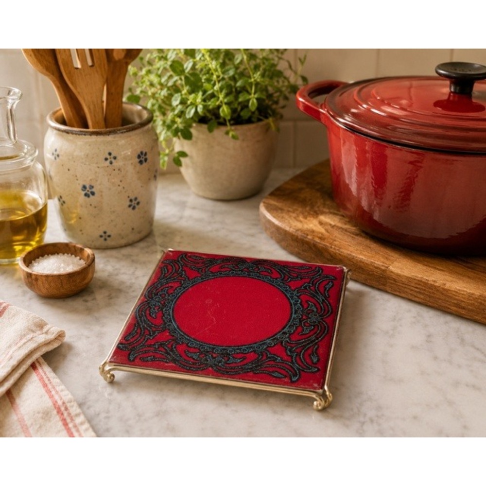 Vintage Mordano Italy Ceramic Trivet Red Black Filigree Gold Footed Hot Plate